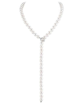 10-11mm White Freshwater Pearl & Diamond Adjustable Y-Shape Necklace- AAAA Quality