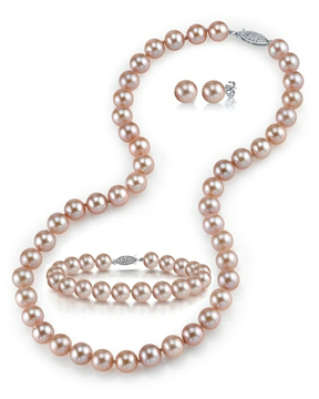 8-9mm Pink Freshwater Pearl Necklace, Bracelet & Earrings